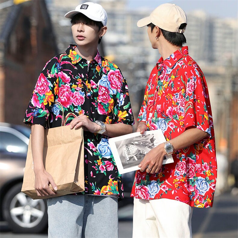 P01中性男女休闲大码花衣服polo衫宽松透气东北大花风团队服图片