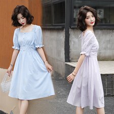 韩版气质格纹方领泡泡袖连衣裙，女装连衣裙，韩蔻秀