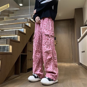 粉红豹纹休闲裤男女韩版潮流高街大口袋2024秋冬ins长裤K5794-P55图片
