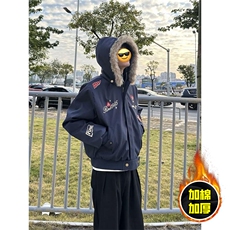 现货高品质美式高街重磅刺绣座山雕大毛毛领棉衣男女加厚棉服外套，男装棉衣，电商A486-1