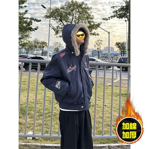 现货高品质美式高街重磅刺绣座山雕大毛毛领棉衣男女加厚棉服外套图片
