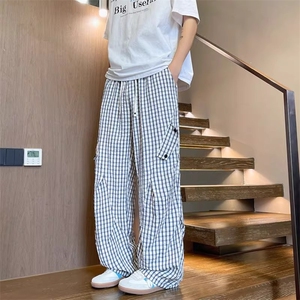 夏季薄款透气凉感格子裤男女同款垂感宽松褶皱休闲裤冰丝裤长裤子图片