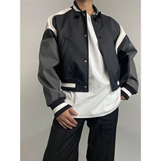 美式复古PU皮拼接短款机车夹克男cleanfit解构设计感棒球服外套潮，男装夹克，星座506A