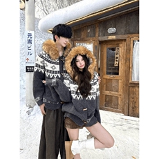 重磅北极绒座山雕大毛毛领毛衣外套冬美式复古休闲慵懒风针织开衫，男装针织衫/毛衣，电商A486-1