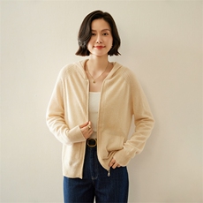 连帽开衫韩版宽松山羊绒衫女秋季新款针织帽衫欧货拉链毛衣外套，女装羊绒衫，纳丰羊绒
