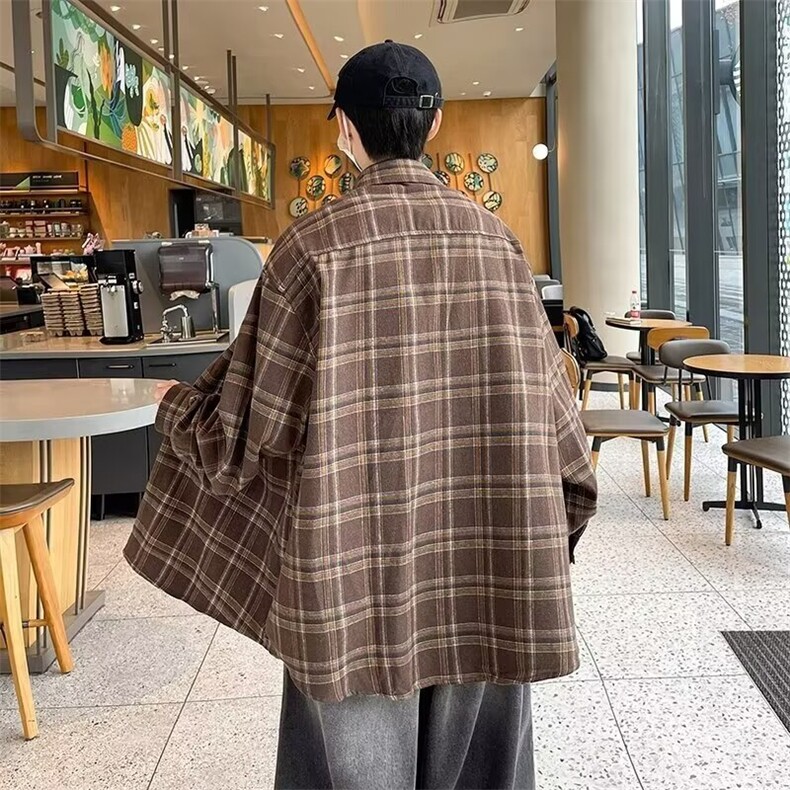 美式复古格子衬衫男女秋季新款长袖衬衣情侣外套ins潮流S51/P42,男装衬衫,星座506