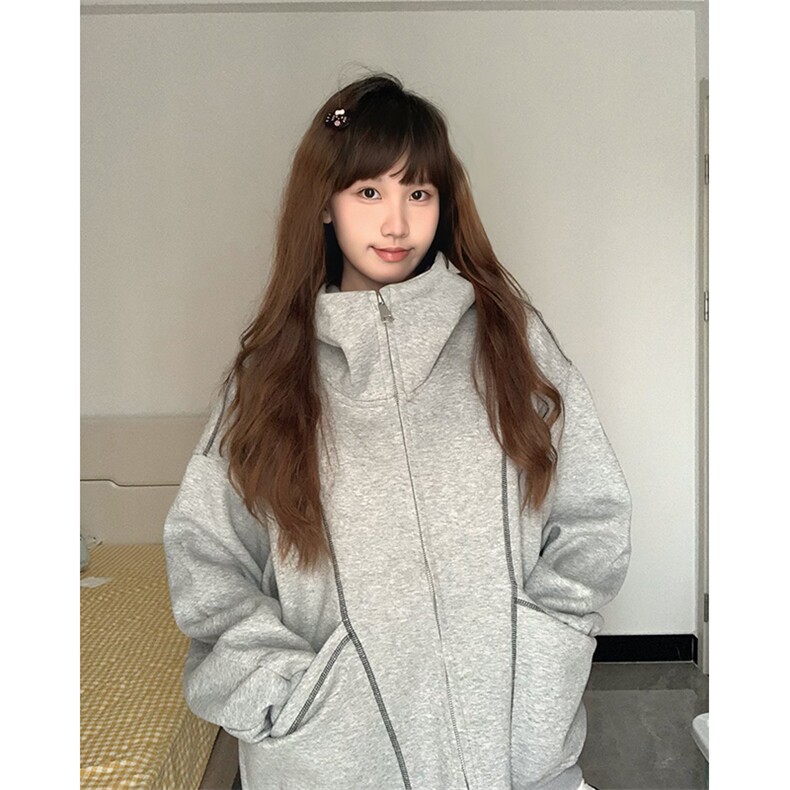 抖音得物高品质秋冬美式高街重磅结构辑明线纹理连帽卫衣外套W111图片