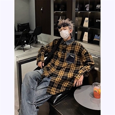 美式长袖格子衬衫早春穿搭潮牌情侣拼接牛仔领格子外套CS35-P42，男装衬衫，星座1001-1