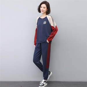 春秋新款韩版宽松大码显瘦两件套复古拼色休闲运动套装女图片