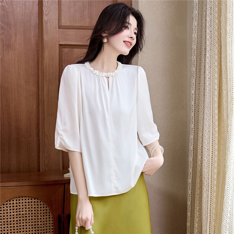 五分袖花边领重磅真丝上衣女2025夏装新款纯色气质小衫桑蚕丝衬衣，女装衬衫，阿舍尔精品