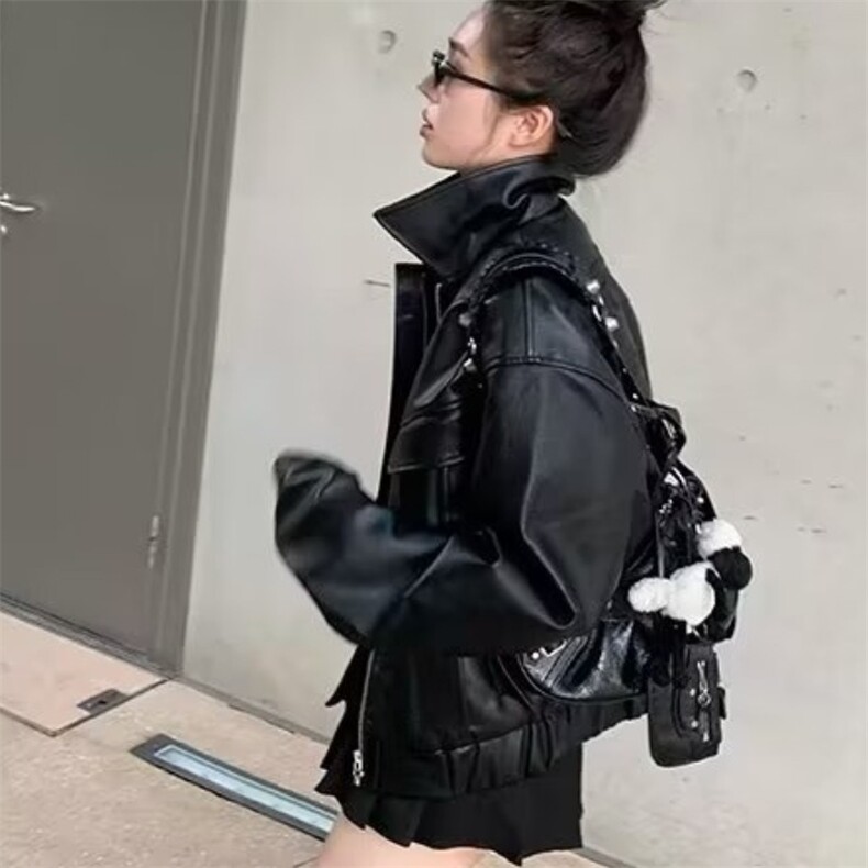 美式复古短款皮衣外套女士宽松小个子设计感机车服秋季新品皮夹克,男装夹克,星座506A