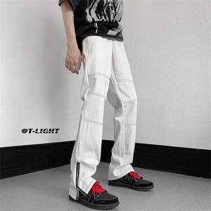美式ins高街牛仔裤小众百搭明线拼接拉链牛仔裤K2308-P65控88图片