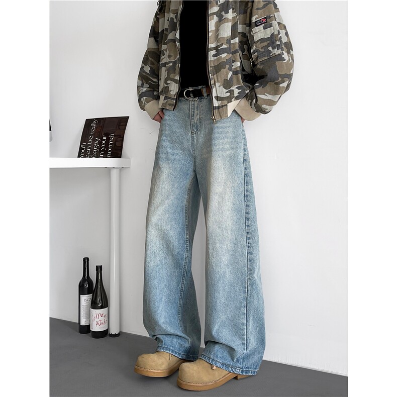 美式复古水洗直筒牛仔裤男女春秋新款高街宽松阔腿长裤N05526-P50，男装牛仔裤，星座308B-1