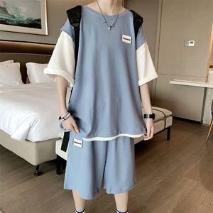 华夫格男士套装夏季五分中裤男休闲运动一套搭配衣服TZ014-P45图片