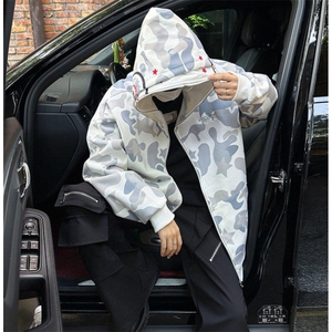 美式高街双帽迷彩鲨鱼拉链卫衣外套男女春秋hiphop潮牌情侣帽衫