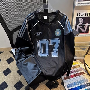 美式复古球衣风长袖t恤男潮牌速干网眼透气宽松休闲v领赛车服上衣图片