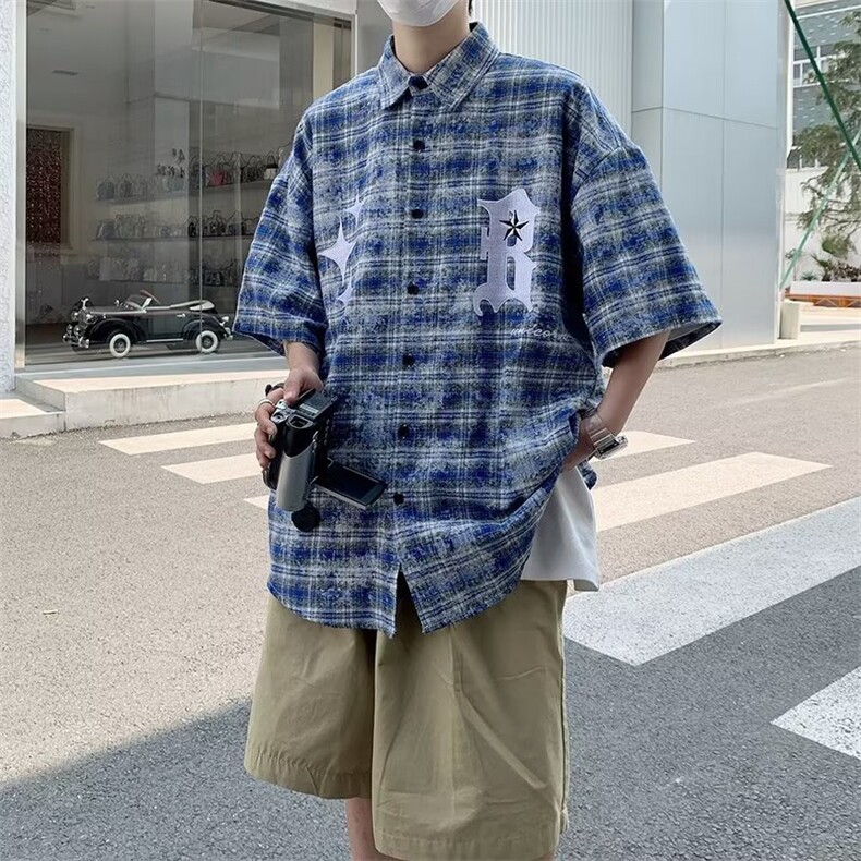 美式复古高街刺绣短袖格子衬衫男夏季宽松情侣潮牌衬衣CS372-P40,男装T恤,星座1008-1