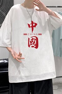 YT26198-P30 亚短袖t恤男大码五分袖男宽松七分袖 港风模特图片