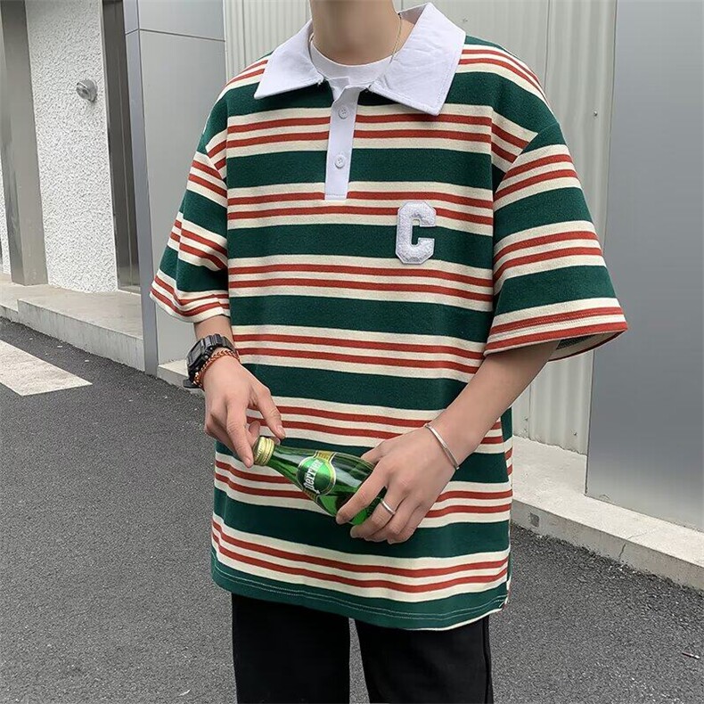 日系vintage复古polo衫条纹t恤男宽松半袖cityboy上衣WB482-P30,男装T恤,星座412-2