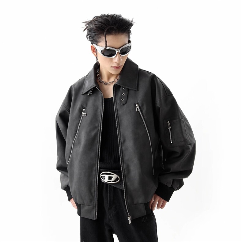美拉德PU皮机车外套男女春季新款美式vintage飞行员工装夹克图片