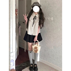 日系学院风小个子木耳边条纹衬衫女叠穿高腰百褶裙两件套，女装套装/套裙，星座506A