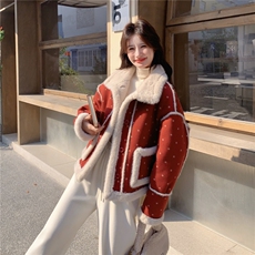 红色麂皮绒印花皮毛一体加厚棉服H8380P215K328，女装棉衣/棉服，红龙果