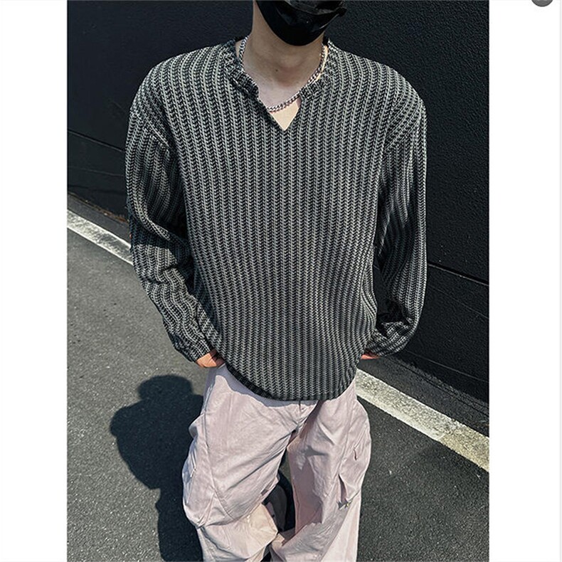 美式高街千鸟格子长袖T恤男女亨利V领英伦雅痞休闲宽松长袖打底衫,男装T恤,电商A443