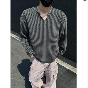 美式高街千鸟格子长袖T恤男女亨利V领英伦雅痞休闲宽松长袖打底衫图片