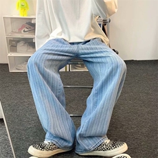 日系复古条纹牛仔裤男韩版潮流高街宽松直筒阔腿休闲裤N6060-p48，男装牛仔裤，星座1008
