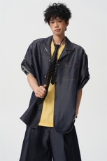 8XL-M夏季简约高级感冰丝牛仔古巴领男休闲痞帅宽松套装潮TZ109，男装休闲套装，电商D206-1
