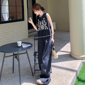 民族风穿搭藏蓝色无袖套装女夏超火好看高级感刺绣马甲长裤两件套图片
