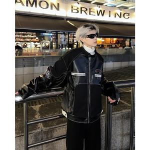 美式复古pu皮机车服夹克男女新款设计感小众宽松休闲短款外套潮图片