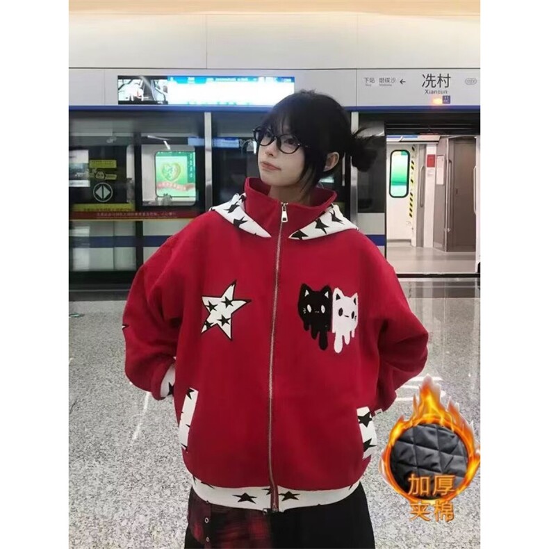 式星星猫咪刺绣设计感连帽卫衣男秋冬宽松开衫拉链外套拼色上衣,女装短外套,四季星座505
