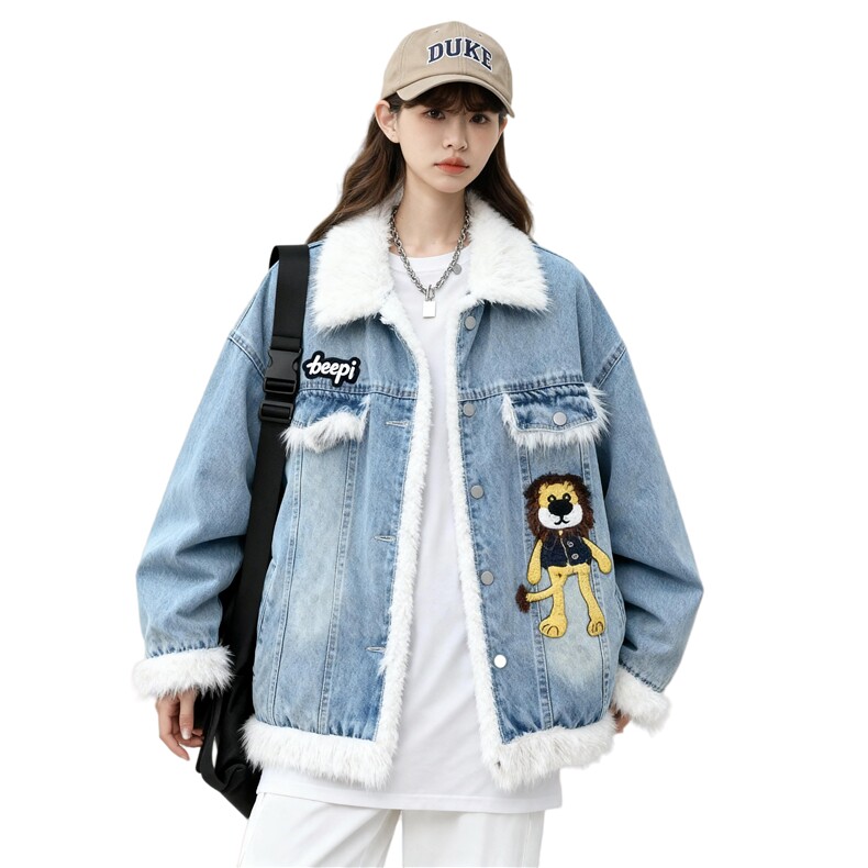 25冬羊羔绒拼接翻领牛仔女卡通绣花宽松加棉外套705-1-M9881-P118,女装短外套,星座705-1