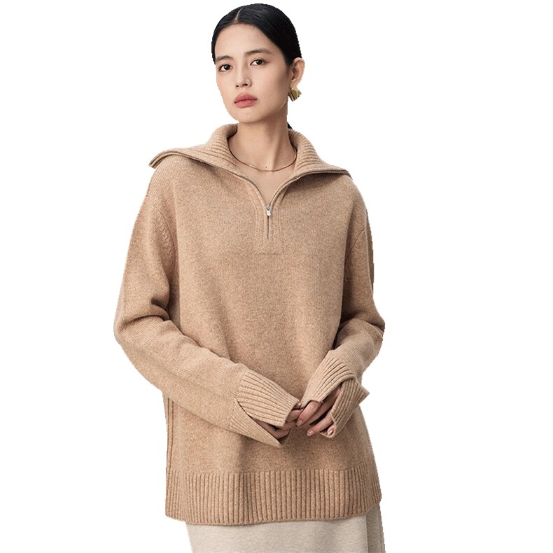 羊毛衫翻领纯色时尚针织打底宽松毛衣针织衫,女装羊毛衫,挚尚羊绒