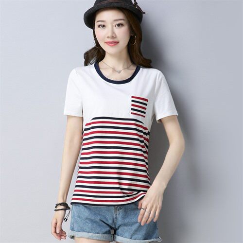 时尚韩版条纹短袖T恤女宽松显瘦百搭上衣，女装T恤，丽影随形