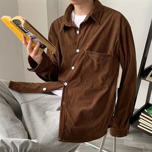 男秋季复古灯芯绒长袖衬衫日系潮流口袋衬衣FA12P38图片
