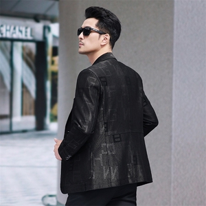 春秋款海宁皮衣男字母印花西服商务休闲男装外套绵羊皮夹克图片