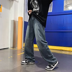 美式ins嘻哈高街做旧水洗阔腿裤直筒宽松中性牛仔裤男女N2033-P45，男装牛仔裤，星座1008
