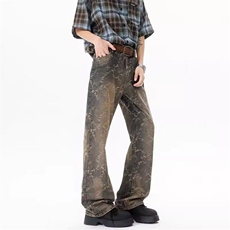 美式高街提花牛仔裤男春季款潮牌水洗高级感宽松复古痞帅休闲裤子，男装牛仔裤，星座813-3