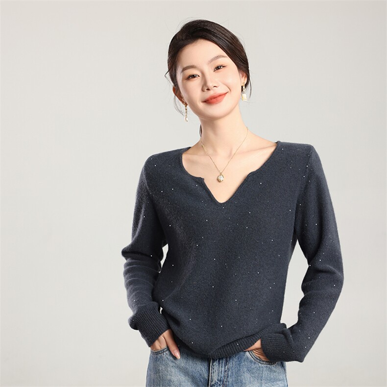 2024年秋季V领纯色套头长袖时尚气质针织衫，女装羊毛衫，若菲羊绒