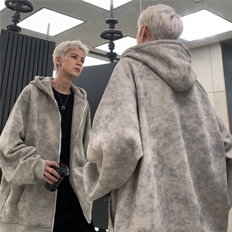 新款重工复古做旧脏脏款2024春秋连帽拉链开衫卫衣JK91-P78图片