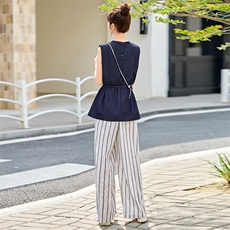 时尚条纹阔腿裤两件套女2025新款夏季无袖背心轻熟风休闲气质套装，女装套装/套裙，韩宇舍
