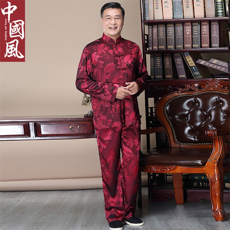 长年货风中老年唐装男士春秋真丝套装长袖丝绸衬衫太极服,男装衬衫,钱塘723