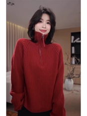 2025年秋季时尚百搭通勤简约休闲高琳半拉链毛衣，女装针织衫/毛衣，米咔羊绒