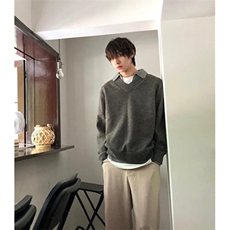 青少年ins潮V领燕麦色假两件拼接针织衫毛衣男款冬季纯色MB176，男装针织衫/毛衣，星座1116A（原606A-3）