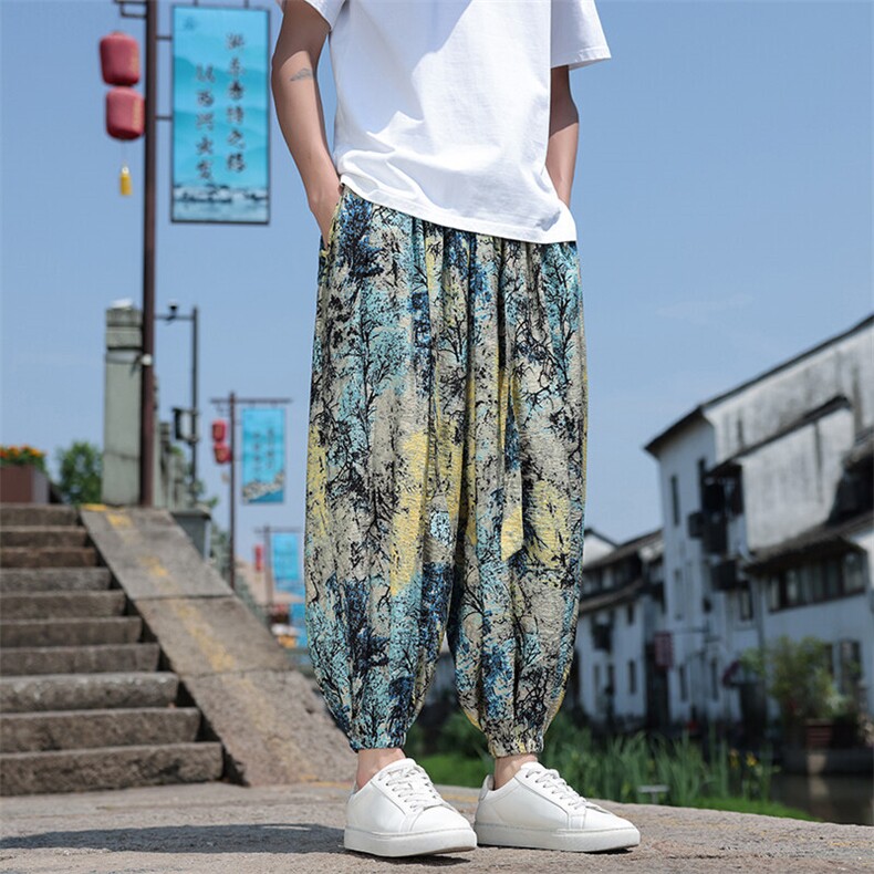 新中式冰丝数码印花宽松休闲九分裤801-p55,男装休闲裤,星座816A（原B366）