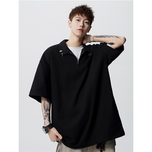 美式半拉链金属扣POLO衫男夏季高街翻领潮牌短袖情侣上衣D417 P48图片
