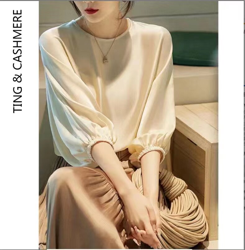 简约风高级感衬衣夏季新款仿醋酸宽松百搭蝙蝠衫七分袖小衫，女装针织衫/毛衣，众美斯特
