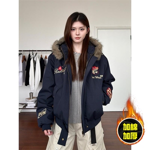 现货高品质美式高街重磅刺绣座山雕大毛毛领棉衣男女加厚棉服外套图片